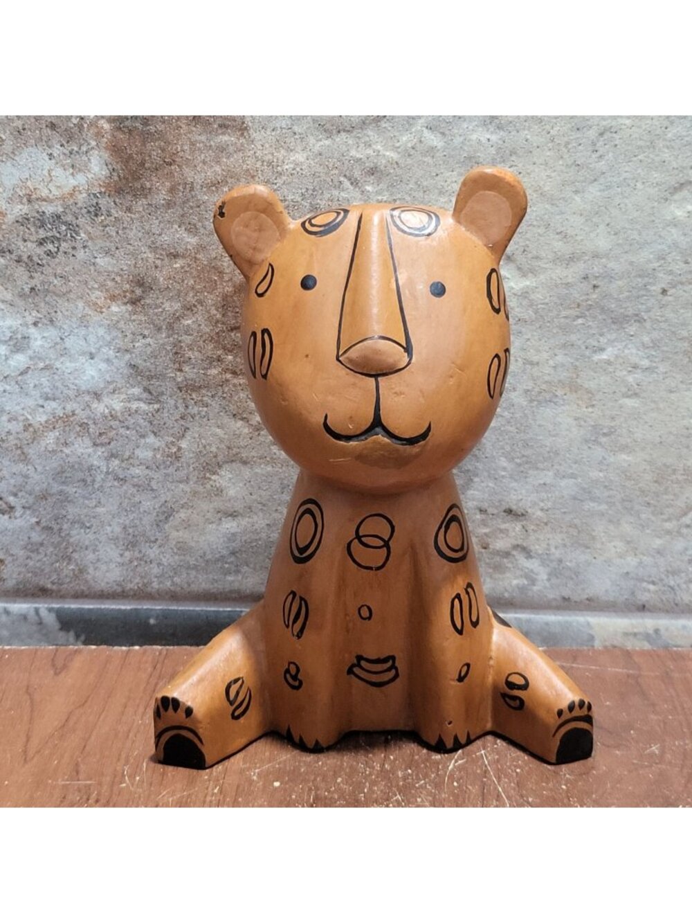 Vintage Indonesian Hand Carved Wooden Leopard Statue Black Circular Pattern Folk